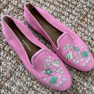 Stubbs & Wootton pink green shell loafers linen